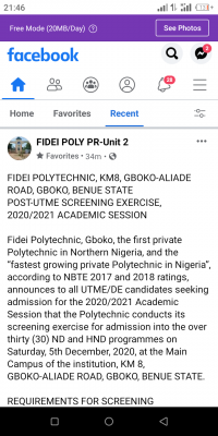 Fidei Poly, Gboko Post-UTME Screening Date for 2020/2021 session