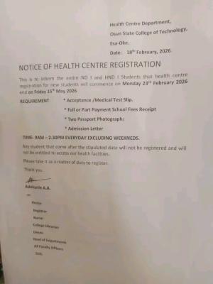 OSCOTECH notice on Health Centre registration for new students