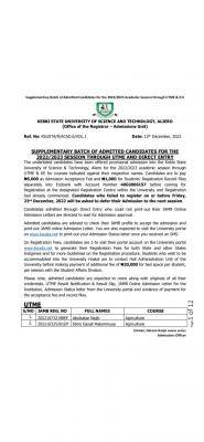 KSUSTA supplementary Batch UTME/DE Admission list, 2022/2023