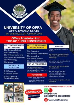 University of Offa announces Admission for Top-Up and HND Conversion Programmes