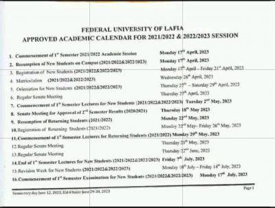 FULAFIA approved academic calendar, 2021/2022 & 2022/2023