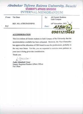 ATBU important notice to female students residing in Gubi Campus of the University