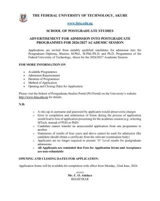 FUTA Postgraduate admission form, 2026/2027
