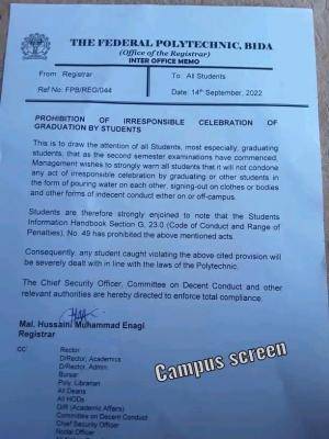 Bida Poly notice on prohibition of irresponsible celebration of graduation by students