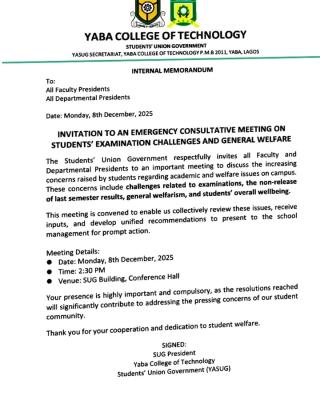YABATECH SUG announces emergency meeting over exam challenges and students' welfare