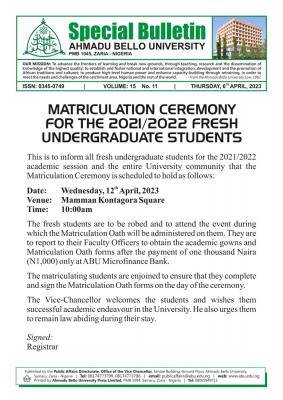 ABU matriculation ceremony for 2021/2022 session