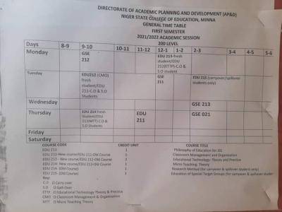 Niger COE 1st semester lecture time table, 2021/2022