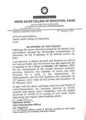 Aminu Saleh COE notice on reopening of the College