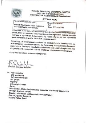 UDUS issues final notice on 2025/2026 registration exercise