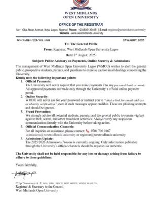 West Midlands Open University notice to applicants