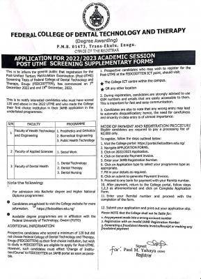 FEDCOTTEN Releases 2022/2023 Post-UTME Supplementary Form