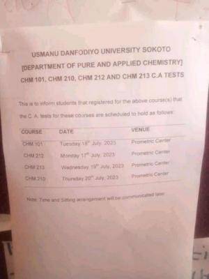 UDUS scheduled date for CA test, Department of Pure and Applied Chemistry