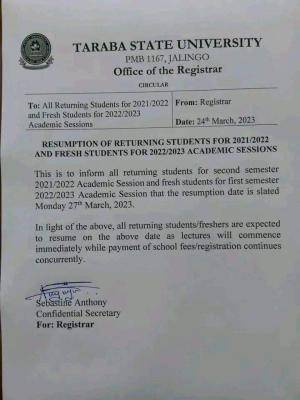 TSU notice on resumption date for students