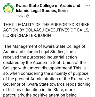 Kwara State College of Arabic and Islamic Legal Studies condemns purposed strike by union