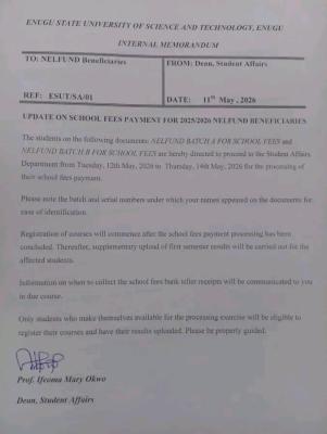 ESUT issues school fees payment update to NELFUND beneficiaries, 2025/2026