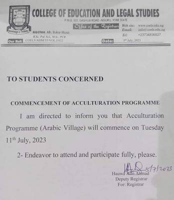 COEL Nguru notice on commencement of Acculturation programme