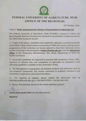 FUAMB 2nd batch admission list, 2025/2026