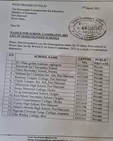 WAEC bans 35 Rivers state schools over malpractices (see affected schools)