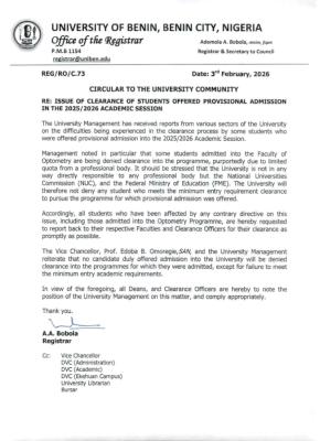 UNIBEN issues notice to newly admitted students on clearance exercise, 2025/2026 session