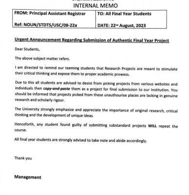 NOUN urgent announcement regarding submission of authentic final year project
