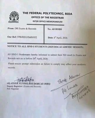 Federal Polytechnic Bida Directs HND I Students to Submit ND Results before April 20th