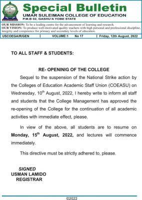 Umar Suleiman College of Education notice on re-opening of the College