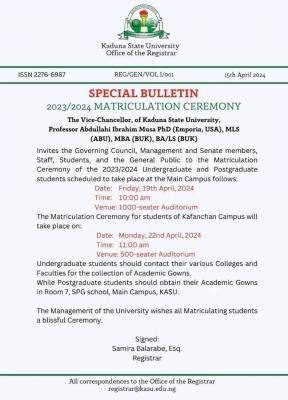 KASU announces matriculation ceremony, 2023/2024