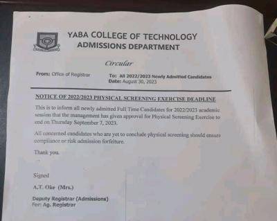 YABATECH notice of physical screening exercise deadline, 2022/2023