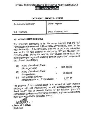 ESUT announces 45th matriculation ceremony