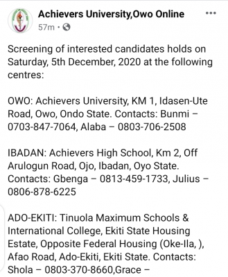 Achievers University, Owo notice to 2020 Post-UTME candidates