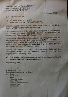 Akwa Ibom Poly notice on commencement of 2nd semester exam & payment of fees, 2021/2022