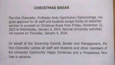 DELSU notice on Christmas break