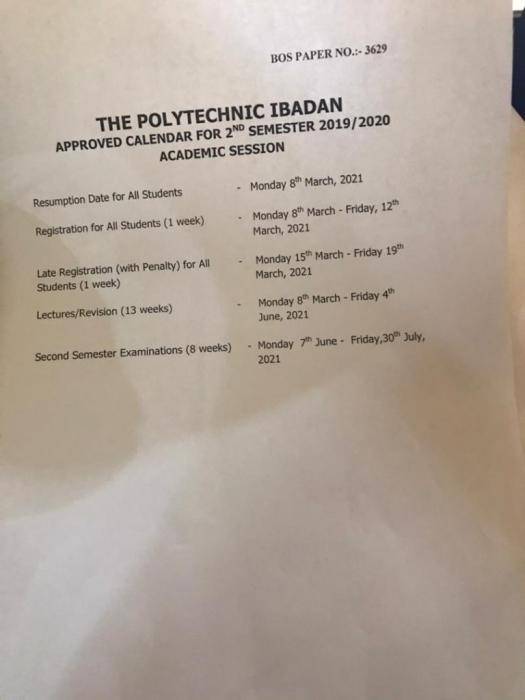 Poly Ibadan announces resumption date for the second semester 2019/2020 academic session