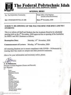 Federal Polytechnic, Idah resumption date for HND I and ND I