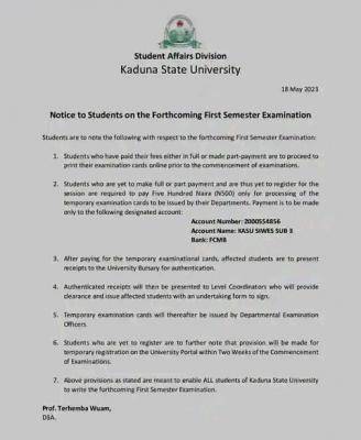 KASU notice to all students on forthcoming first semester examinations
