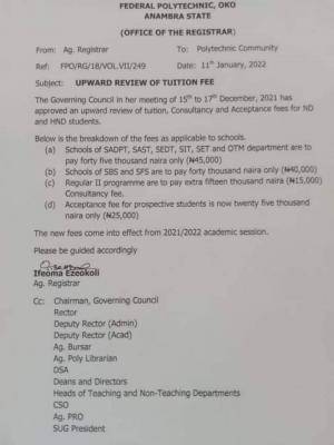 Fed Poly, Oko notice on upward review of school fees
