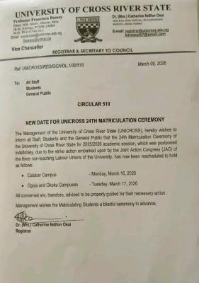 UNICROSS announces new date for 24th Matriculation Ceremony