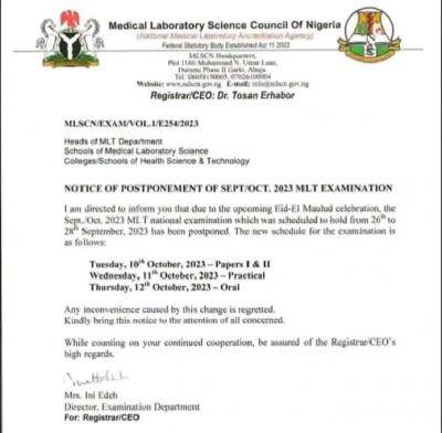 Medical laboratory Council of Nigeria postpones Sept/Oct 2023 examination