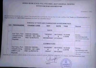Akwa Ibom Poly schedule of test and exam on psychometrics, 2021/2022