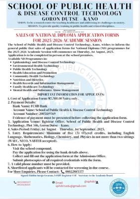 School of Public Health and Disease Control Technology, Kano ND Admission, 2025/2026