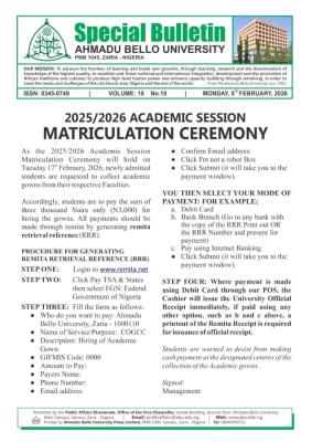 ABU announces matriculation ceremony 2025/2026 Session