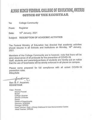 Alvan Ikoku College of Education resumption notice