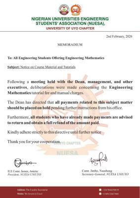 UNIUYO Faculty of Engineering notice to students