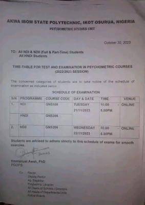 Akwa Ibom State Polytechnic Sets Date for 2023 Psychometric Studies Test and Examination
