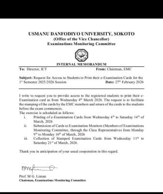 UDUS announces E-Exam Card Printing for 1st Semester 2025/2026
