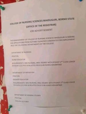 College of Nursing Sciences, Maiduguri announces vacancies for academic staff