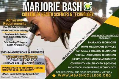 Marjorie Bash College of Health Sciences & Tech, Abia releases admission form, 2023/2024