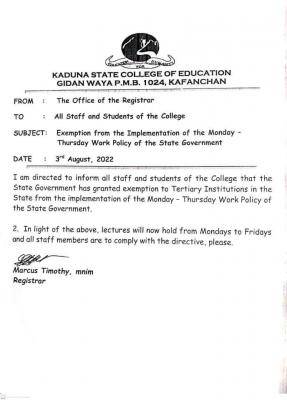 Kaduna State College of Education notice to students on schedule of lectures