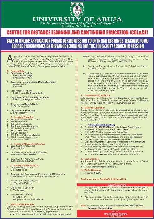 UNIABUJA Open and Distance Learning (ODL) degree programmes, 2026/2027