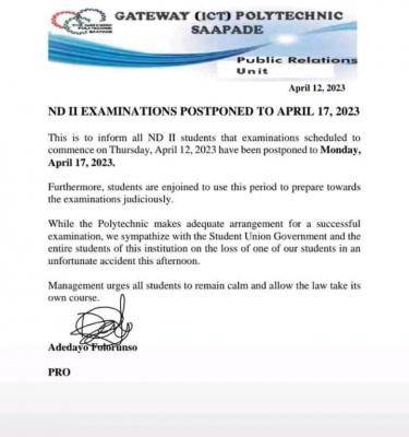 Gateway (ICT) Poly, Saapade postpones ND II exams